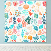 Kleurrijke tropische zomer koraal zeeschelp canvas afdruk (Insitu (Houten vloer))