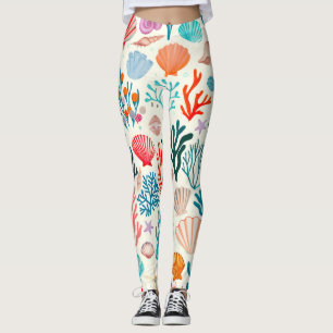 Kleurrijke tropische zomer koraal zeeschelp leggings