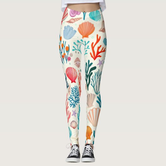 Kleurrijke tropische zomer koraal zeeschelp leggings (Voorkant)