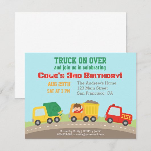 Kleurrijke Truck Boys Verjaardagsfeest Uitnodiging (Voorkant / Achterkant)