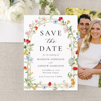 Kleurrijke Tuin Bloemboog Foto Bruiloft Save The Date
