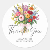 Kleurrijke Tuin Bloemen Boeket Roze Bow Dank u Ronde Sticker (Voorkant)