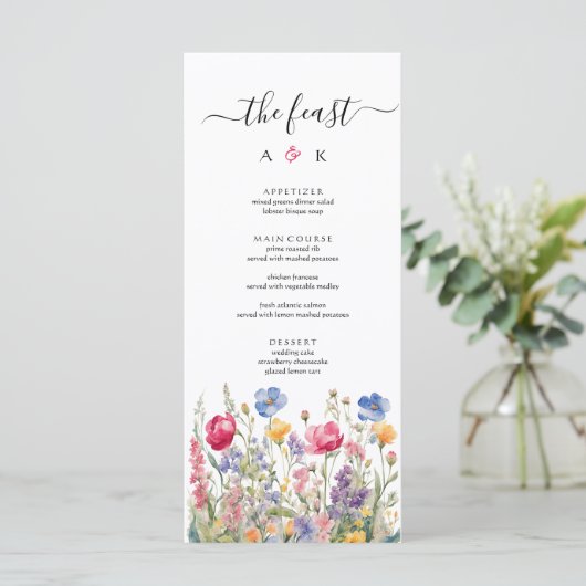 Kleurrijke Tuin Boho Wildbloemen Bruiloft Menu (Staand voorkant)