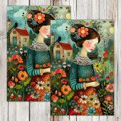 KLEURRIJKE TUIN MEISJE MET BLOEMEN DECOUPAGE TISSUEPAPIER