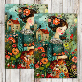 KLEURRIJKE TUIN MEISJE MET BLOEMEN DECOUPAGE TISSUEPAPIER