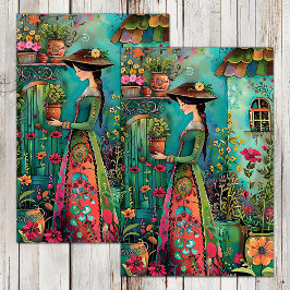 KLEURRIJKE TUIN MEISJE MET BLOEMEN DECOUPAGE TISSUEPAPIER