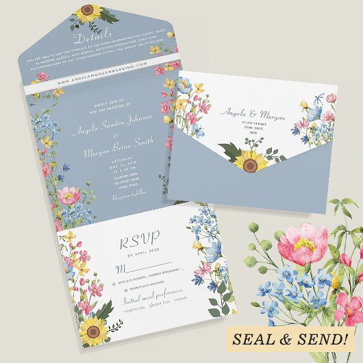 Kleurrijke tuin Wildflower bruiloft All In One Uitnodiging