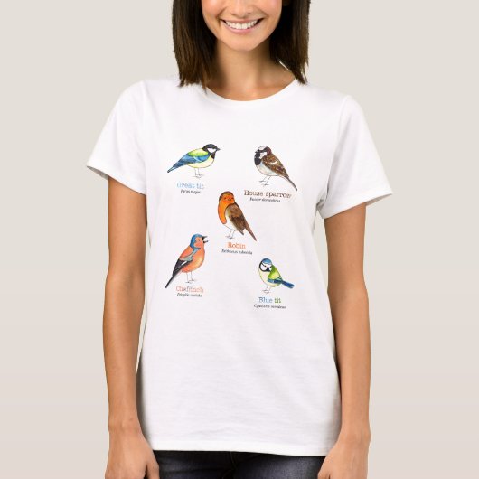 Kleurrijke tuinvogels t-shirt (Voorkant)