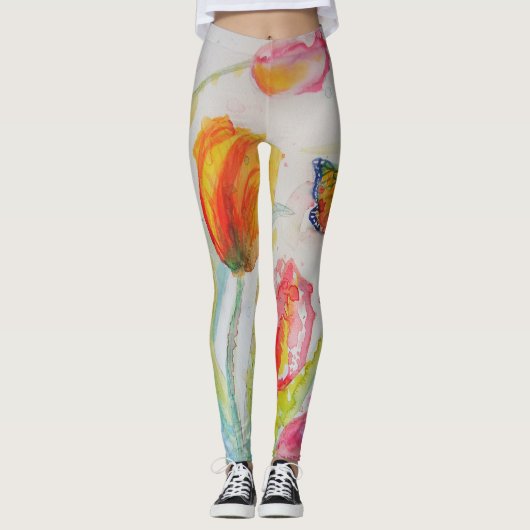 Kleurrijke Tulp Bloemen Waterverf Art Leggings (Voorkant)