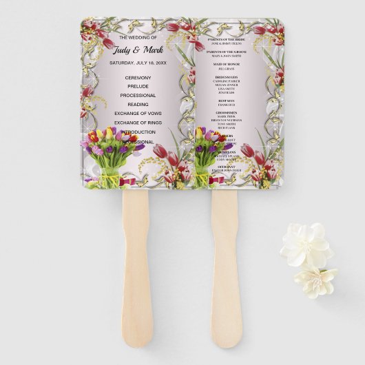 Kleurrijke tulp bloemenbruiloft programma handwaaier (Voorkant en achterkant)