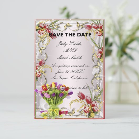 Kleurrijke Tulp Bloemige Save The Date Kaart (Staand voorkant)
