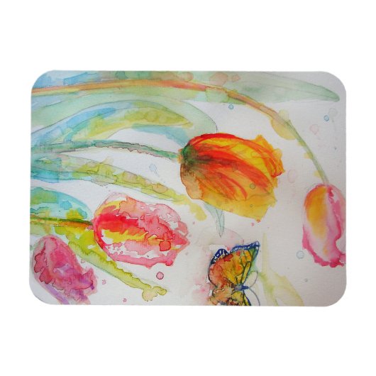 Kleurrijke Tulp en Vlinder Watercolor Groeten Magneet (Horizontaal)