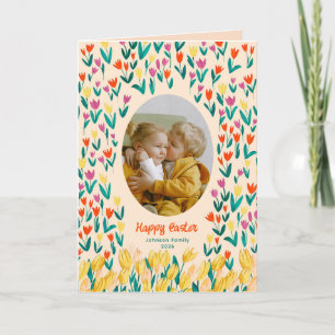 Kleurrijke Tulp Gelukkig Pasen Familie Foto Groet Kaart