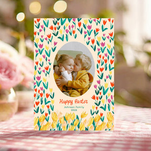 Kleurrijke Tulp Gelukkig Pasen Familie Foto Wenska Kaart