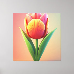Kleurrijke Tulp in Bloei Met Groene Bladeren Canvas Afdruk