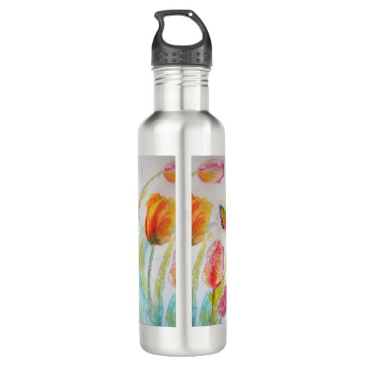 Kleurrijke Tulp Vlinder Waterverf  Waterfles (Achterkant)