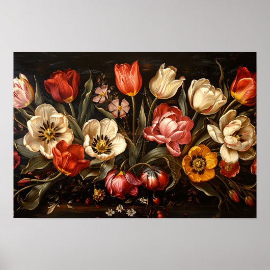 Kleurrijke Tulpen Botanische Olieverfschilderij Poster (Voorkant)