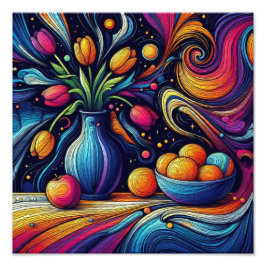 Kleurrijke tulpen en frisse sinaasappels foto afdruk