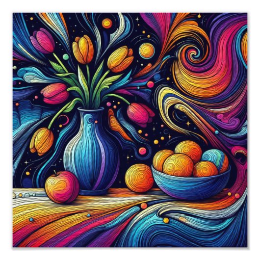 Kleurrijke tulpen en frisse sinaasappels foto afdruk (Voorkant)