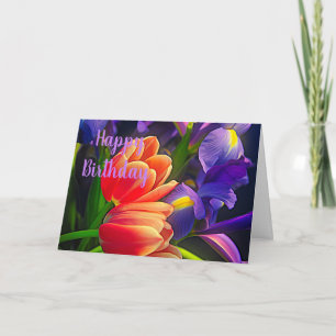 Kleurrijke Tulpen en Iris Flowers Birthday Wishes Kaart
