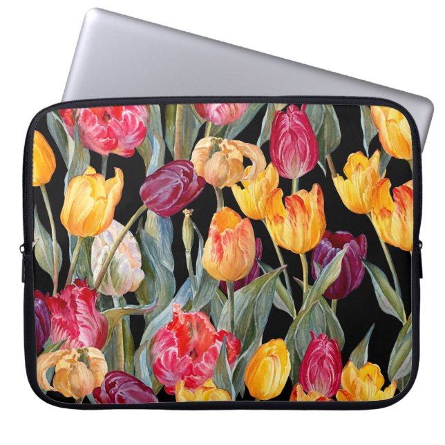 Kleurrijke tulpen, geïsoleerde zwarte achtergrond. laptop sleeve (Voorkant)