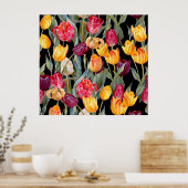 Kleurrijke tulpen, geïsoleerde zwarte achtergrond. poster (Keuken)