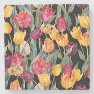Kleurrijke tulpen, geïsoleerde zwarte achtergrond. stenen onderzetter