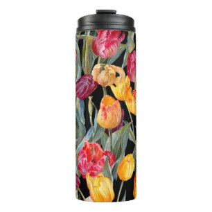 Kleurrijke tulpen, geïsoleerde zwarte achtergrond. thermosbeker