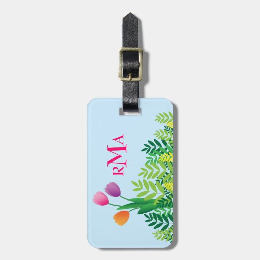 Kleurrijke Tulpen, groene groenten en monogram Bagagelabel (Voorkant verticaal)