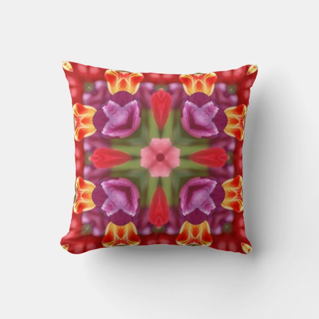 Kleurrijke Tulpen Kaleidoscoop Kussen (Voorkant)