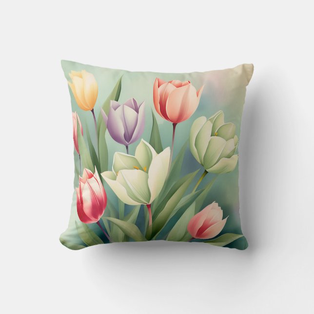 Kleurrijke Tulpen Waterverf Romantisch Kussen (Voorkant)