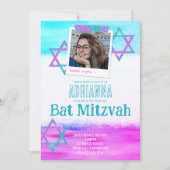 Kleurrijke Turquoise, Hot Pink Glitter Bat Mitzvah Kaart (Voorkant)