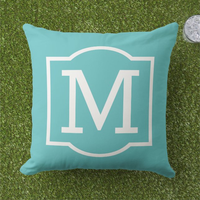 Kleurrijke Turquoise Witte Haak Monogram Buitenkussen (Gras)
