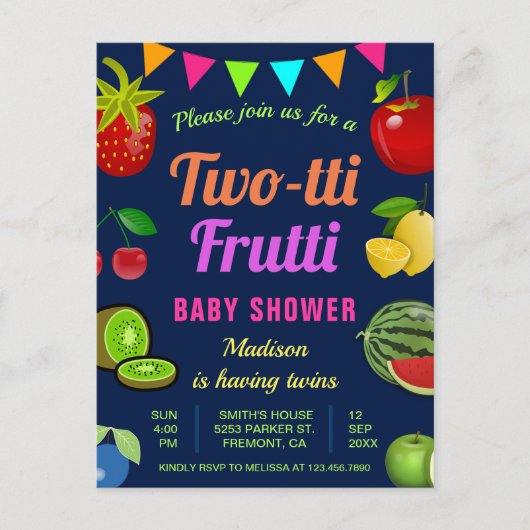 Kleurrijke Tutti Frutti Twins Baby shower Uitnodiging Briefkaart (Voorkant)