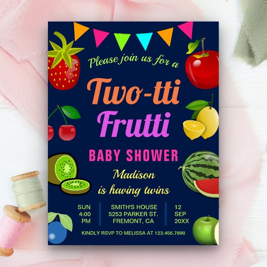 Kleurrijke Tutti Frutti Twins Baby shower Uitnodiging Briefkaart