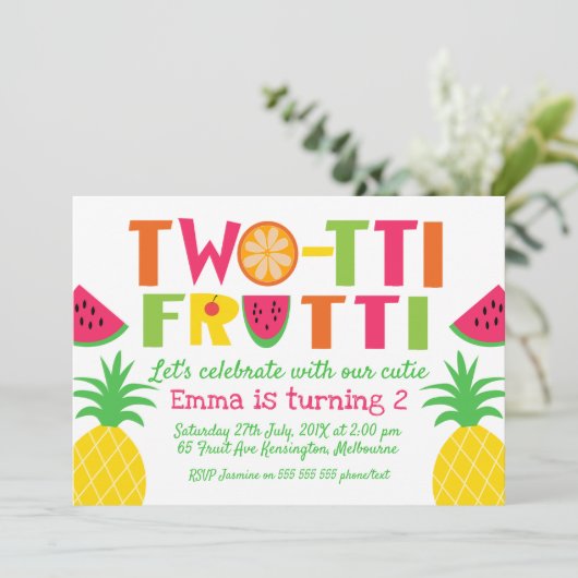 Kleurrijke twee-tti frutti verjaardagsuitnodiging kaart (Staand voorkant)