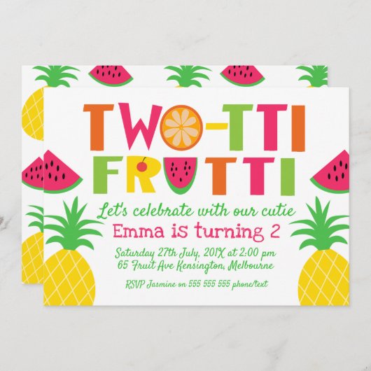 Kleurrijke twee-tti frutti verjaardagsuitnodiging kaart (Voorkant / Achterkant)