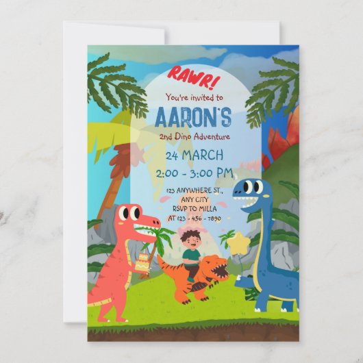 Kleurrijke Tweede Verjaardag Dinosaurus Adventure Kaart (Voorkant)