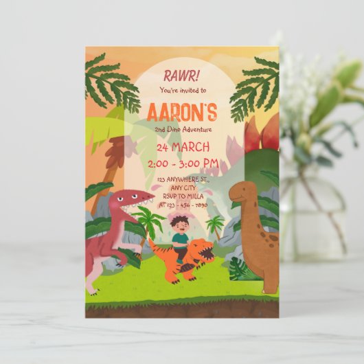 Kleurrijke Tweede Verjaardag Dinosaurus Adventure  Kaart (Staand voorkant)