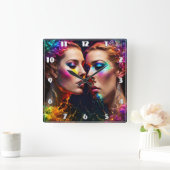 Kleurrijke Tweeling Gezichten Met Neon Effecten 'S Vierkante Klok (Huis)