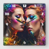 Kleurrijke Tweeling Gezichten Met Neon Effecten 'S Vierkante Klok (Voorkant)