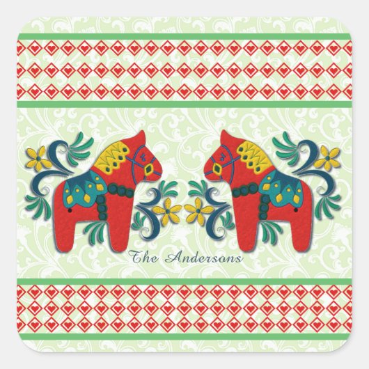 Kleurrijke Twin Zweedse Dala Paarden Kerstmis Cust Vierkante Sticker (Voorkant)