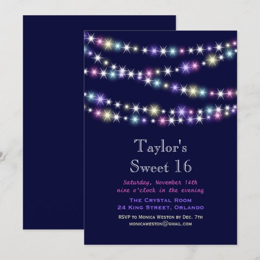 Kleurrijke Twinkle Lights op Navy Sweet 16 Invite Kaart (Voorkant / Achterkant)