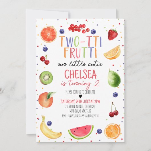 Kleurrijke Two-tii Frutti 2e verjaardag uitnodigin Kaart (Voorkant)