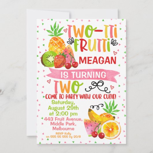 Kleurrijke Two-tti Frutti 2e Verjaardag Uitnodigin Kaart (Voorkant)