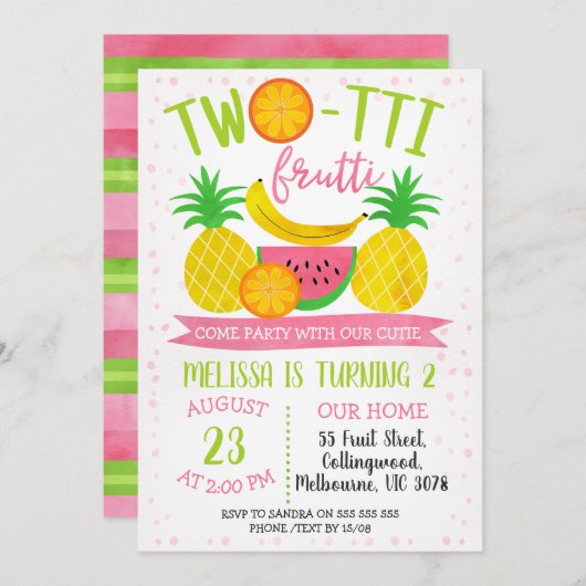 Kleurrijke Twotti Frutti 2e verjaardag uitnodiging (Voorkant / Achterkant)