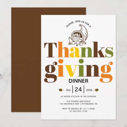 Kleurrijke typografie en cornucopia Thanksgiving Kaart (Voorkant / Achterkant)