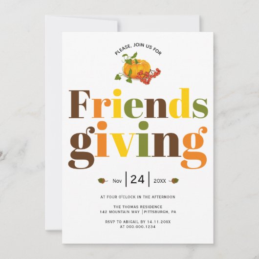 Kleurrijke typografie pompoen Friendsgiving Kaart (Voorkant)