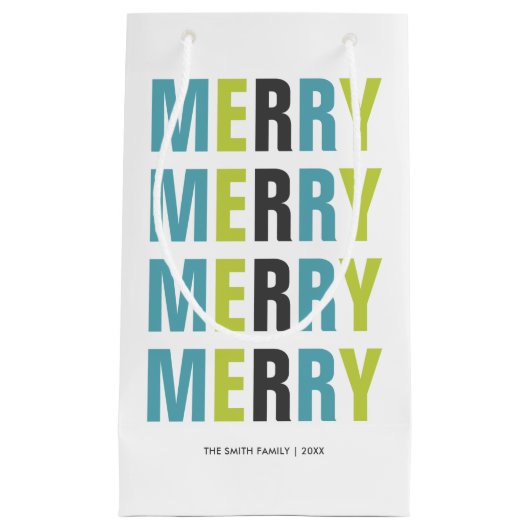 Kleurrijke typografie "Vrolijk" Kerstmis Klein Cadeauzakje (Voorkant)