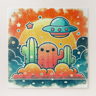 Kleurrijke UFO Cactus Desert Scene Jigsaw Puzz Legpuzzel